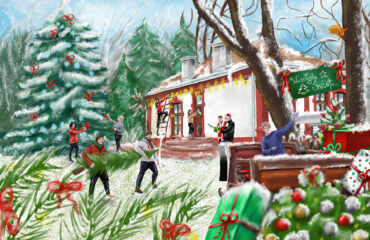 Ilustracja świąteczna przedstawiająca Galerię Letnisko i zespół MCK przygotowujący świąteczne dekoracje. Autor: Joanna Szamota